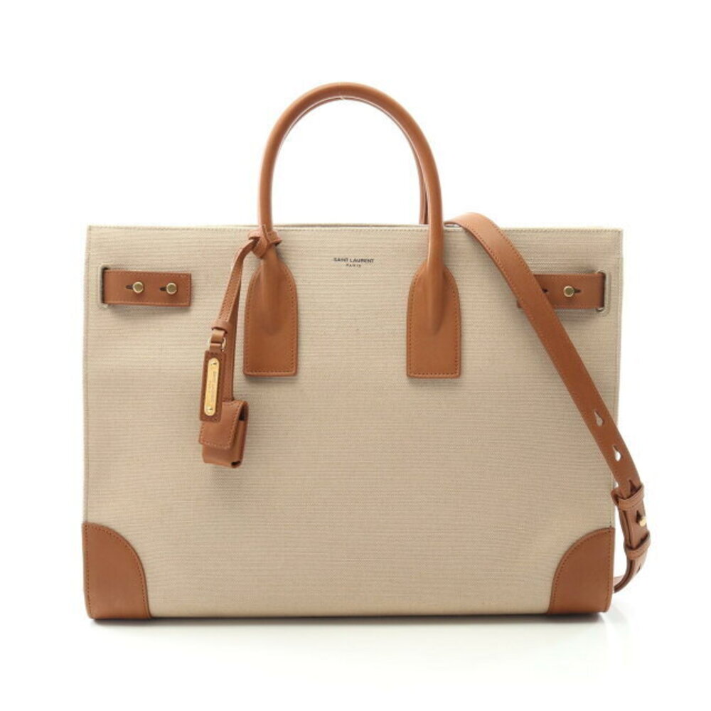 Saint Laurent Sac de Jour Thin Tote Bag Canvas Leather Beige Brown